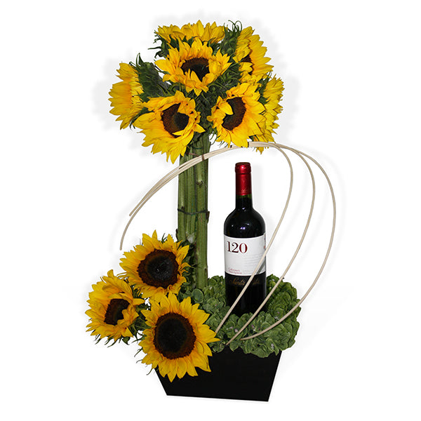 Arreglo Floral de Girasoles y Vino | EROS
