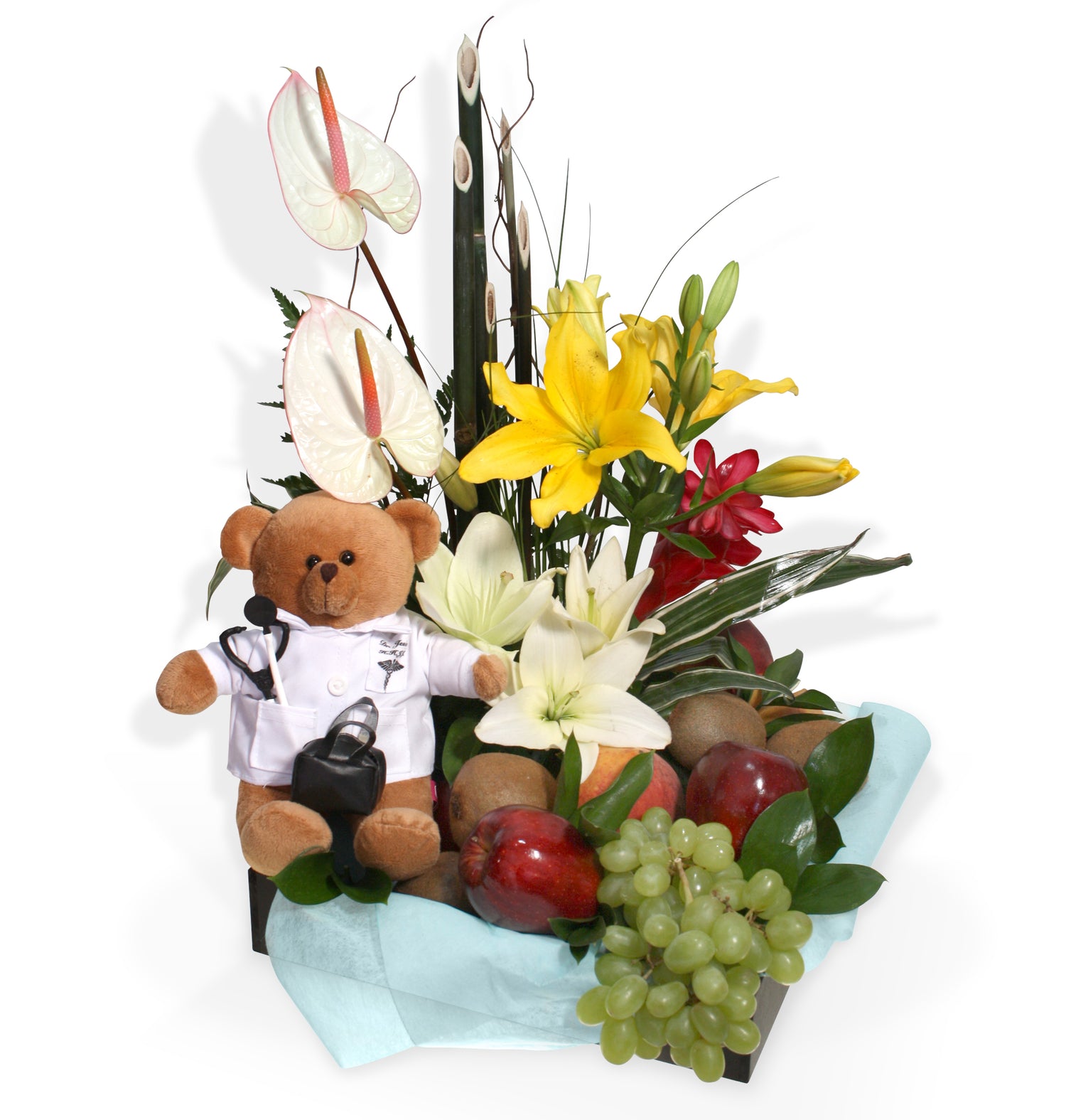 Arreglo floral con frutas y peluche | ARZT