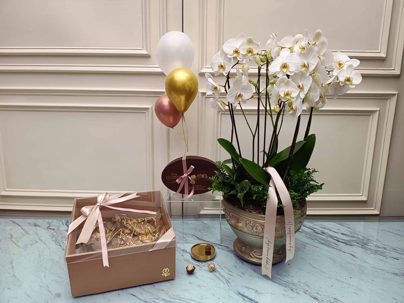 Kit de Regalo con Orquídea, Chocolates y Globos | Karoline